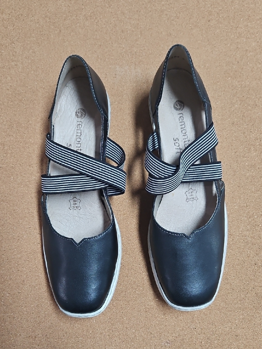 Remonte Black Slip-On Leather Flats Striped Elastic Cross Straps Size 41 US 9.5